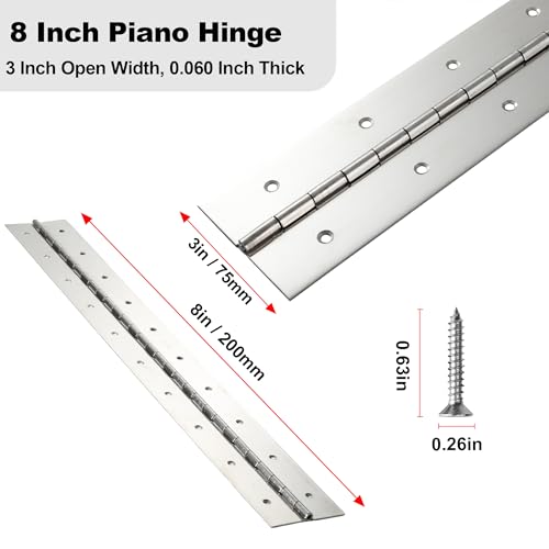 2 Pcs Heavy Duty Piano Hinge 8 Inch x 3 Inch Width, True 0.060'' Thick Stainless Steel Piano Hinge for Heavy Duty Cabinet, Door, Toolbox, Wooden Box, Metal Plate, Furniture, Industrial Project - size: 8 Inch(2 pcs)