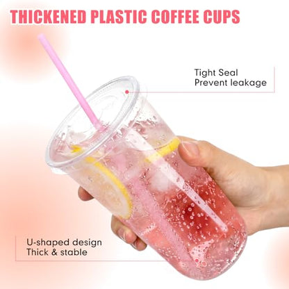 Ziliny 50 Pack 20 oz Plastic Cups with Lids Straws Iced Coffee, Pink - color: Pink, size: 20 oz