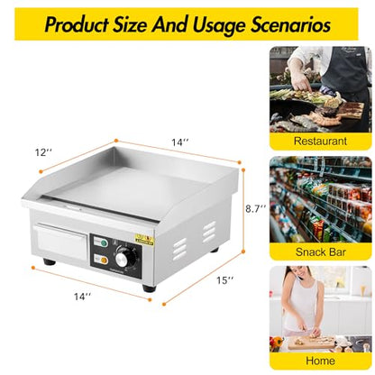1500W Commercial Electric Griddle – Non-Stick Stainless Steel Flat Top Teppanyaki Grill with 122℉-572℉ Adjustable Temp, 2 Shovels & 2 Brushes for Home & Restaurant - size: 12x14