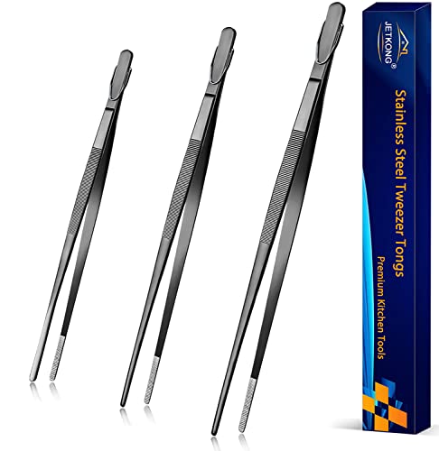 JETKONG 9 12 14 Inch Extra Long Kitchen Tweezers Heavy Duty Stainless Steel Cooking Tweezers, Set of 3 (Point Tips, Black) - color: Black, size: Point Tip-9 12 14