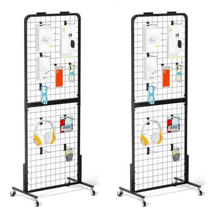 Grid Wall Panels Display Stand - Metal Shelving with 30 Hooks for Vendor Events Art Panels Heavy Duty Floor Standing Movable Detachable Retail Display Stand Wire Grid Tower for Easy Transport(2pcs) - size: 2pcs
