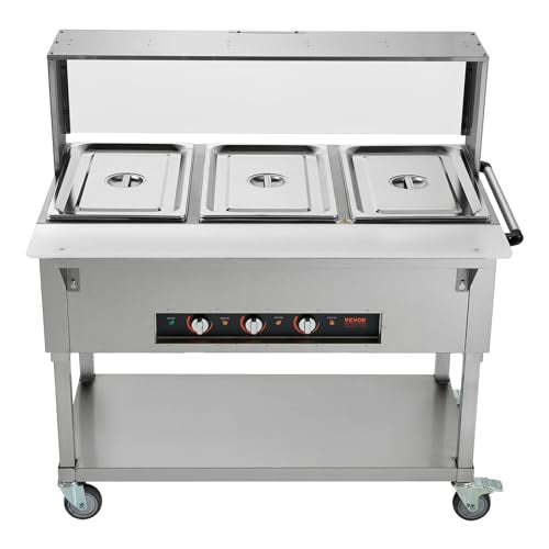 VEVOR 3-Pan Commercial Food Warmer, 3 x 20.6QT Electric Steam Table, 1500W Professional Buffet Catering Food Warmer with Acrylic Sneeze Guard, Food Grade Stainless Steel Server for Party Restaurant - size: 3-Pan (72 QT)