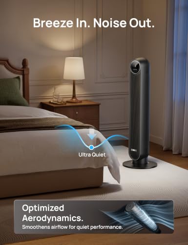 DREO Smart Tower Fan for Bedroom, 28ft/s Velocity, 8 Speeds Ultra Quiet Fan - color: Pure Black, size: 36 inch