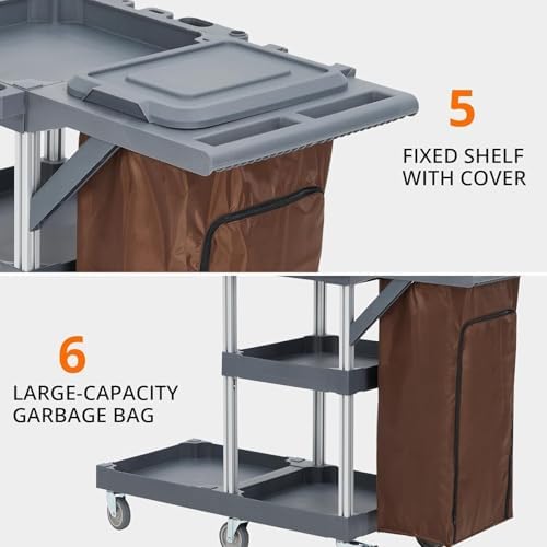 Heavy-Duty Janitorial Cleaning Cart with Wheels, 3-Shelf Rolling Housekeeping Trolley with 16-Gallon Trash Bag – 220 Lb Capacity Utility Cart for Hotels, Schools, Offices & Apartments - color: Grey Without Cabinets