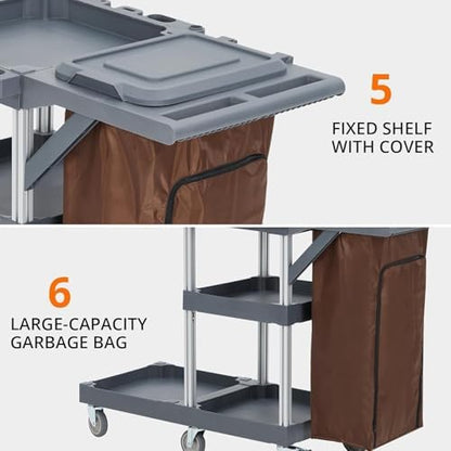 Heavy-Duty Janitorial Cleaning Cart with Wheels, 3-Shelf Rolling Housekeeping Trolley with 16-Gallon Trash Bag – 220 Lb Capacity Utility Cart for Hotels, Schools, Offices & Apartments - color: Grey Without Cabinets