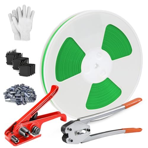 Heavy Duty Banding Strapping kit Contain 1/2" x 3200" Polyester (PET) Packaging Straps & 50 Metal Seals 20 Plastic Edge Protectors Tensioner with Cutter Sealer Tool Glove - size: PET-kit-mini