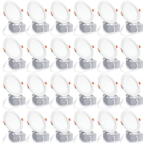 24 Pack 6 Inch Ultra-Thin LED Recessed Ceiling Light with Junction Box, 6000K Daylight celinglight 12W 110W Eqv, can lgihts,LED Downlight, 1050LM High Brightness (6000K-24PACK, 6 Inch) - size: 6 Inch-24Pack
