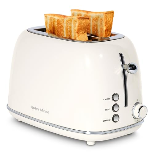 Roter Mond 2 Slice Toaster Retro Stainless Steel with Bagel, Cancel, and Defrost Functions, 6 Bread Shade Settings, Extra Wide Slots and Removable Crumb Tray, Cream - color: Cream