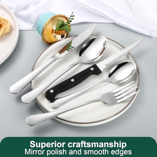 24-Piece Silver Silverware Set with Steak Knives Stainless Steel Flatware Set for 4 Food Grade Tableware Cutlery Set Rust-proof, Mirror Polished, Dishwasher Safe - size: 24Pcs-B