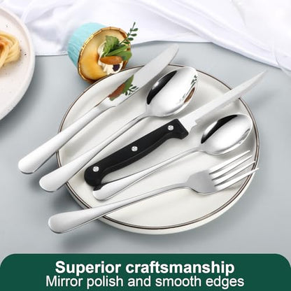 24-Piece Silver Silverware Set with Steak Knives Stainless Steel Flatware Set for 4 Food Grade Tableware Cutlery Set Rust-proof, Mirror Polished, Dishwasher Safe - size: 24Pcs-B