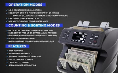 DETECK DETECK DT600 Bank Grade Money Counter Machine Mixed Denomination, Multi Currency Value Counting Money Machine, Serial Number, 2CIS/UV/IR/MG/MT Counterfeit Detection with DETECK DT40P Printer