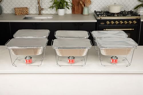 Alpha Living 6 Pack - Disposable Chafing Dish Buffet Set, Half Size Pans, Welded Body Food Warmers for Parties, Fuel Cans Complete Set, Warming Trays - size: Complete Kit (with Racks)