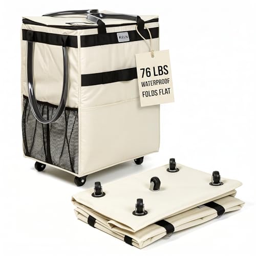 KELN Rolling Tote Bag on Wheels – 76 lb Foldable Shopping Cart – White - color: White