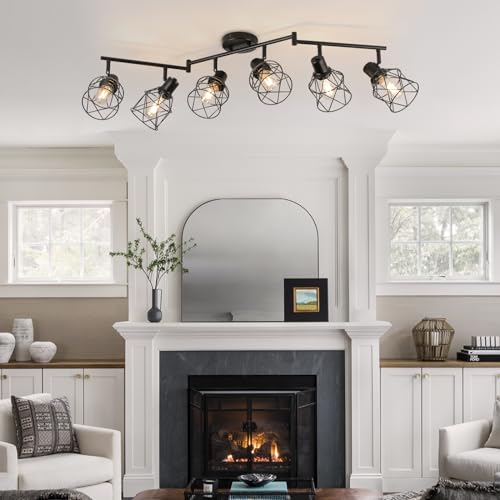 WILON Track Lighting Kit 6 Way Ceiling Spotlight-Industrial Flush Mount Ceiling Light Black Kitchen Ceiling Light Fixtures Kitchen Track Lighting Flexibly Rotatable Light Head E26 Base - color: Black, size: 6-Light-Cage