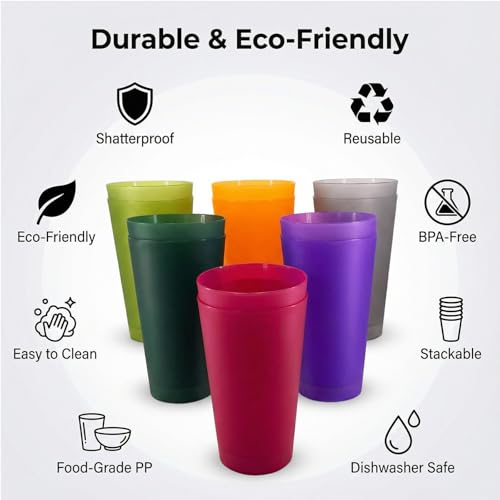 32 oz Plastic Cups Reusable set of 12, Large Plastic Tumblers Jewel - color: Jewel Tones