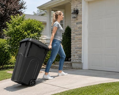 32 Gallon Heavy Duty Wheeled Garbage Can with Attached Lid, Black