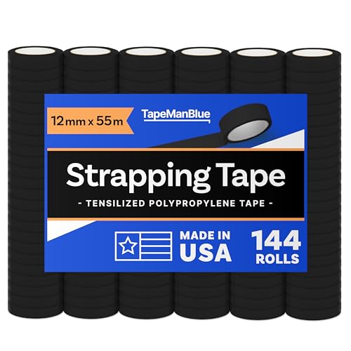 TapeManBlue Strapping Tape, Black Tensilized Polypropylene Strapping Tape for Banding, Bundling, Packaging and Palletizing, Made in USA (12 mm x 55m (144 Rolls)) - size: 12 mm x 55m (144 Rolls)