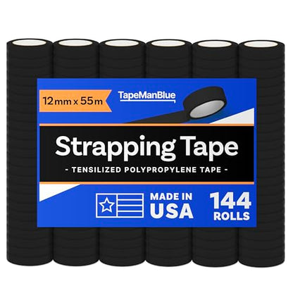 TapeManBlue Strapping Tape, Black Tensilized Polypropylene Strapping Tape for Banding, Bundling, Packaging and Palletizing, Made in USA (12 mm x 55m (144 Rolls)) - size: 12 mm x 55m (144 Rolls)
