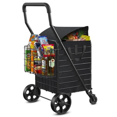 Siffler Collapsible Shopping Cart with Double Basket & Waterproof Liner - Grocery, Laundry & Travel Foldable Cart, 360° Swiveling Wheels, Medium Size with Carry Bag - size: Standard Medium+Bag