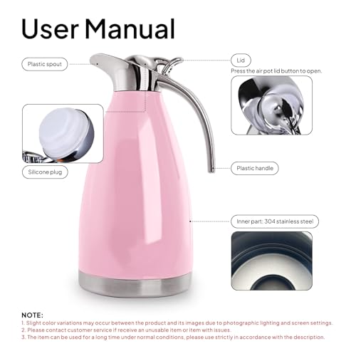 Sumerflos 68 Oz Stainless Steel Coffee Thermal Carafe/Double Walled Vacuum Thermos Insulated / 12 Hour Heat Retention / 2 Liters (Pink) - color: Stainless Steel