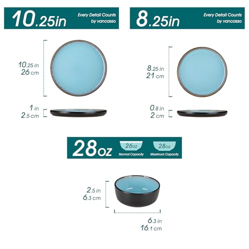 vancasso Plates and Bowls Sets, 24 Pieces Stoneware Dinnerware Sets for 8, Kitchen Dish Set Mircowave and Dishwasher Safe Ceramic Dishware, Blue, Series AMBER - color: Light Blue