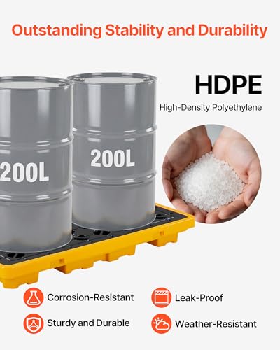 VEVOR Spill Containment Pallet, 2 Drum Low Profile Spill Containment Modular Platform, 21 Gallon Sump, 4409 lbs Load Capacity, Heavy-Duty Polyethylene Tray with Drain, 51.8" x 26.8" x 5.9", Yellow