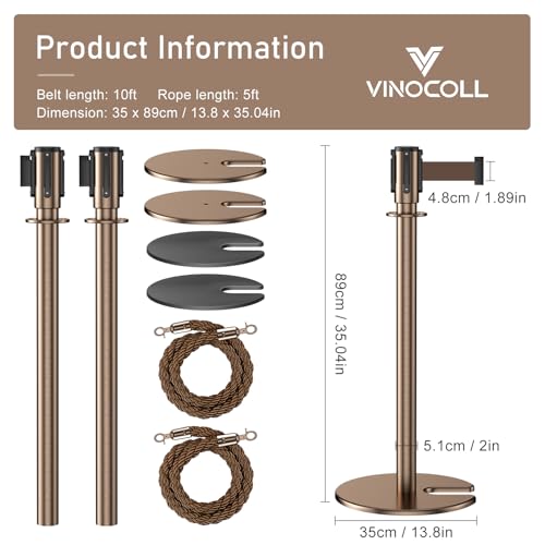 2Pack Stanchions with Retractable Belt and 2Pcs Hemp Rope (Rose) - color: Rose