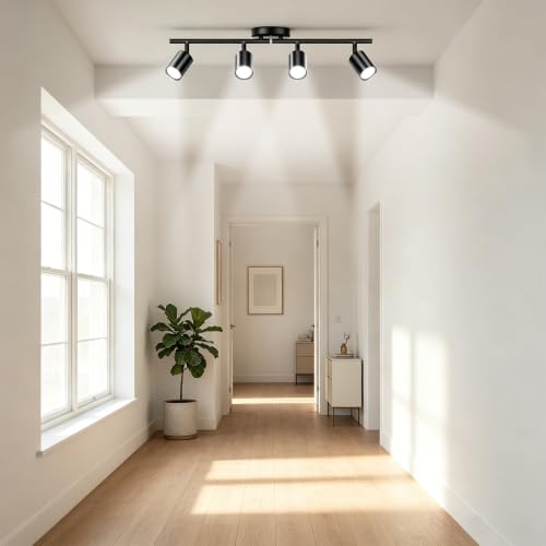 LED 4 Light Track Lighting Kit, 23.6" Black 4 Way Ceiling Spotlights Fixture, 3 CCT Adjustable, with Flexibly Rotatable Light Heads for Kitchen, Living Room, Bedroom, Includes 4 x GU10 Bulb - color: Black, size: 4