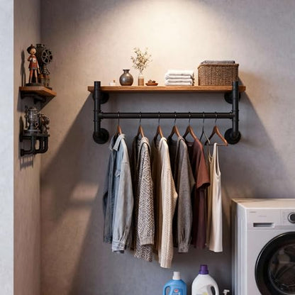 WEBI Wall Mounted Clothes Rack with Shelf,30" Industrial Pipe Clothing Rack with Shelf with Hanging Rod,Heavy Duty Iron Garment Rack Bar,Retail Display Clothes Rod for Laundry Room,Closet,Black - color: Black, size: 30 Inch