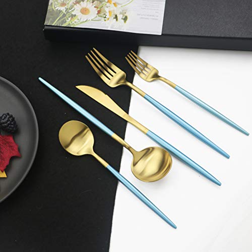 JASHII Luxury 18/10 Blue Handle Flatware Gold Silverware Set 304 Stainless Steel Flatware Cutlery Set| 5-Piece Adaline Royal Modern Satin Finish| BEST Birthday Wedding Gift (Blue Handle Matte Gold) - color: Blue Gold, size: Service for 1