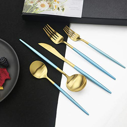 JASHII Luxury 18/10 Blue Handle Flatware Gold Silverware Set 304 Stainless Steel Flatware Cutlery Set| 20-Piece Adaline Royal Modern Satin Finish| BEST Birthday Wedding Gift (Blue Handle Matte Gold) - color: Blue Gold, size: Service for 4