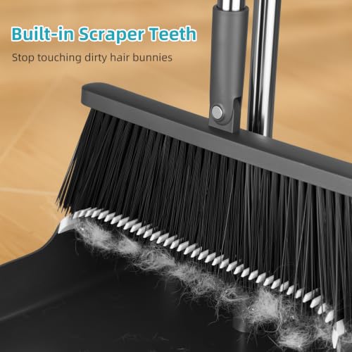 MOPALL Broom with Dustpan Combo Set with 53" Long Handle Inc 2 Broom Heads - color: Black & Grey