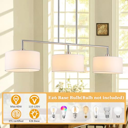 47" Linear Kitchen Island Lighting 3-Light Brushed Nickel Chandelier with White Fabric Drum Shade Adjustable Hanging Pendant Light for Dining Room Light Fixtures Over Table,Kitchen,Bar,Living Room,E26 - color: Brushed Nickel