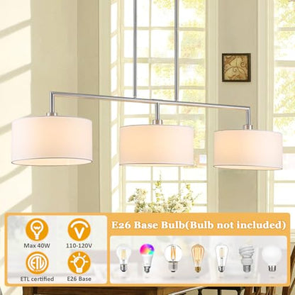 47" Linear Kitchen Island Lighting 3-Light Brushed Nickel Chandelier with White Fabric Drum Shade Adjustable Hanging Pendant Light for Dining Room Light Fixtures Over Table,Kitchen,Bar,Living Room,E26 - color: Brushed Nickel