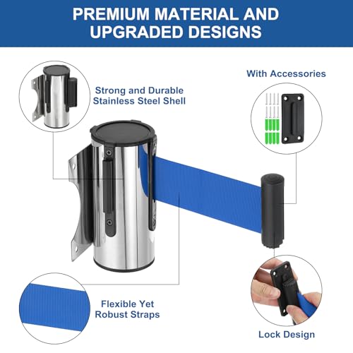 MECCANIXITY Wall Mount Retractable Belt Barrier 6.56ft Crowd Control Belts - color: Silver/Blue, size: 6.56 ft
