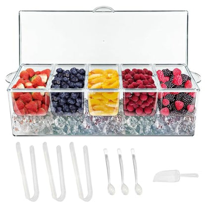 Chilled Condiment Server with 5 Containers & Lids,Ice Tray for Bar & Party