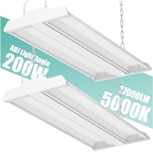 Allsmartlife LED Linear High Bay Shop Light 2-Pack, 200W 27000LM 5000K Daylight 0-10V Dimmable, Adjustable Led High Bay Lighting Fixtures for Garage Warehouse Workshop ETL