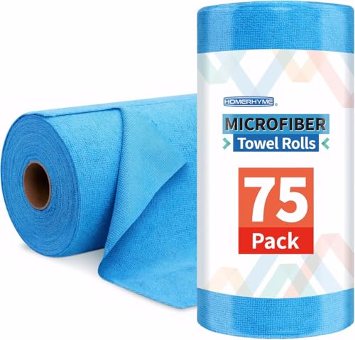 Microfiber Cleaning Cloth Roll, 75 Pack Tear Away Microfiber Towel, Reusable Washable Shop Towels, Lint Free All-Purpose Cleaning Rags Wash Cloths for Home Car Kitchen Automotive 11.5"x11.5" - color: Blue, size: 75