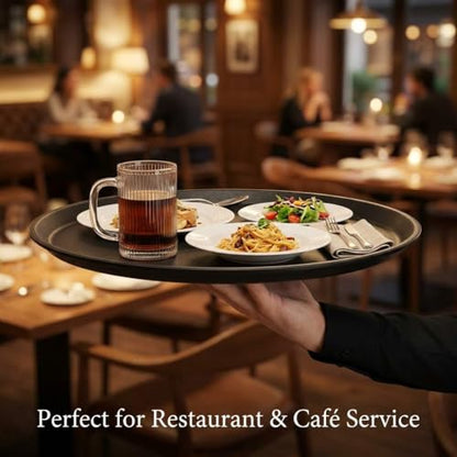QWORK 16-Inch Round Non-Slip Serving Trays – 4 Pack Rubber Surface Plastic Tray Set for Restaurant, Café & Bar
