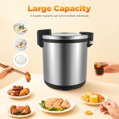 Electric Rice Warmer, 23L/6Gal Commercial Stainless Steel Electric Food Warmer with Rice Spoon & Cover Heavy Duty Rice Warmer 100 Cups Adjustable Warm Function Only (Silver) - color: Silver