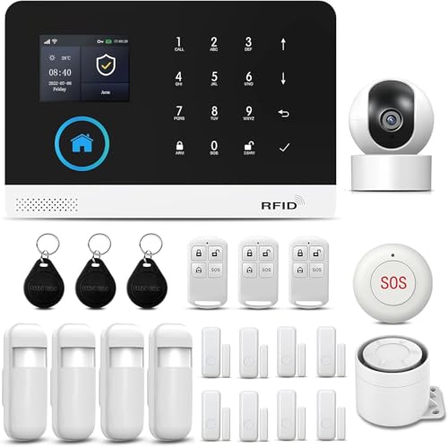 PGST Home Security Systems for House, Wireless Home Security Alarm System, Door/Window Sensor Motion Sensors with App Alert, WiFi+GSM 4G Home Alarm System No Subscription with Camera - color: Blue & Black