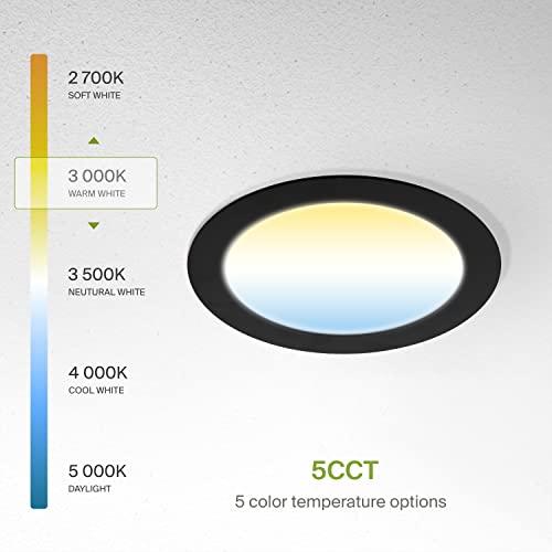 ASD 6 Pack LED Recessed Lighting 6 Inch 15W, 5 CCT 2700K-5000K CRI90+, IC Rated Ultra Thin Dimmable Ceiling Lights with J Box, Canless Wafer Downlight, Round Slim Panel Light, UL Energy Star, Black - color: Black, size: 6 Inch 6 Pack