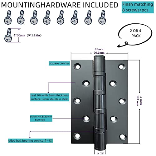 Matte Black 5 inch Stainless Steel Door Hinges,Heavy Duty Interior/Exterior Door Hinge,Rust-Proof,304 SS Ball Bearings,Non-Removable Pin (NRP),5" (101mm) x 3" (76mm)Hinges,SquareCorner,2 Pack - color: Matte Black