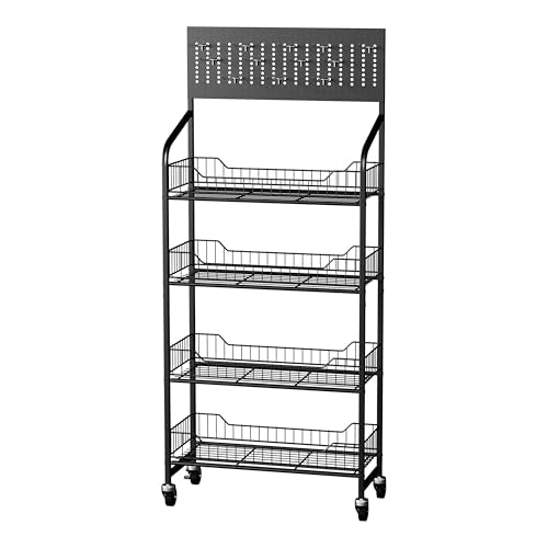 5 Tier Retail Display Rack, Snack Organizer Stand With Wheels & Hooks, Candy Potato Chip Metal Wire Display Shelf Cart for Supermarket and Home Kitchen, Black (55 * 23.8 * 10.4)