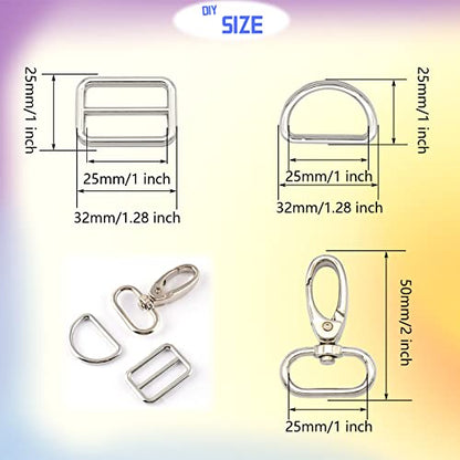 Rainbow Swivel Hook Claw Clasp - 25mm Slide Strap Buckle D Ring Adjuster Buckle for Dog Collar Backpack Purse Hardware - color: Silver 5 Sets