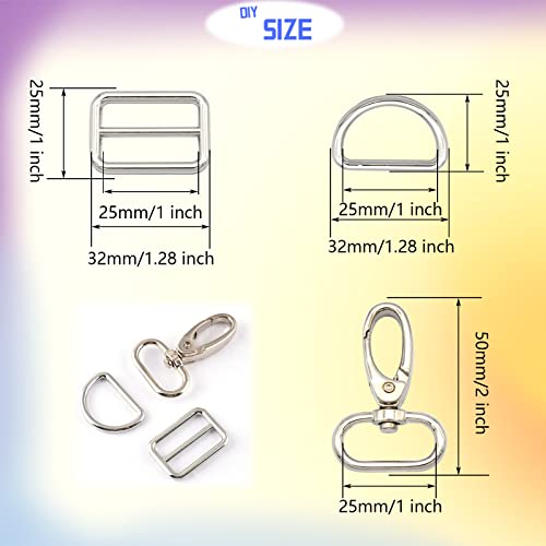 Rainbow Swivel Hook Claw Clasp - 25mm Slide Strap Buckle D Ring Adjuster Buckle for Dog Collar Backpack Purse Hardware - color: Silver 5 Sets