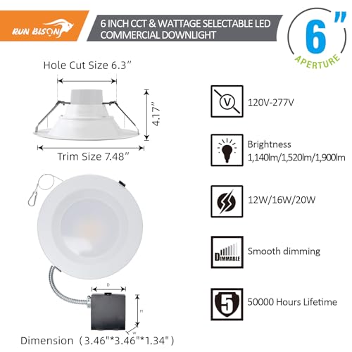 6 Inch Recessed LED Commercial Downlight with J-Box, Wattage Adjustable 12/16/20W,3 Color Selectable 3000K-5000K, 120-277V,10%-100% Dimmable, Canless LED Downlight - 24 Pack - color: 24PK, size: 6 inch