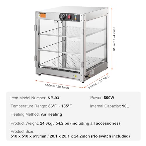 VEVOR 3-Tier Commercial Food Warmer Display, 800W Food Display Warmer with Light to Enhance Food Display, 86℉~185℉ Temperature Control, 90L Large Capacity for Hamburger, Pizza, Bread, Fried Chicken - size: 3-Tier-95Qt