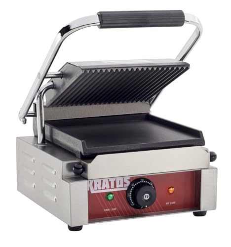 Kratos Commercial Electric Panini Sandwich Grill with Grooved Top and Smooth Bottom Plates, 9" x 9" Cooking Surface, Commercial Countertop Panini Press, 120V, 1750W (29Y-019) - size: Small w/ Smooth & Grooved Plates