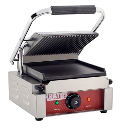 Kratos Commercial Electric Panini Sandwich Grill with Grooved Top and Smooth Bottom Plates, 9" x 9" Cooking Surface, Commercial Countertop Panini Press, 120V, 1750W (29Y-019) - size: Small w/ Smooth & Grooved Plates